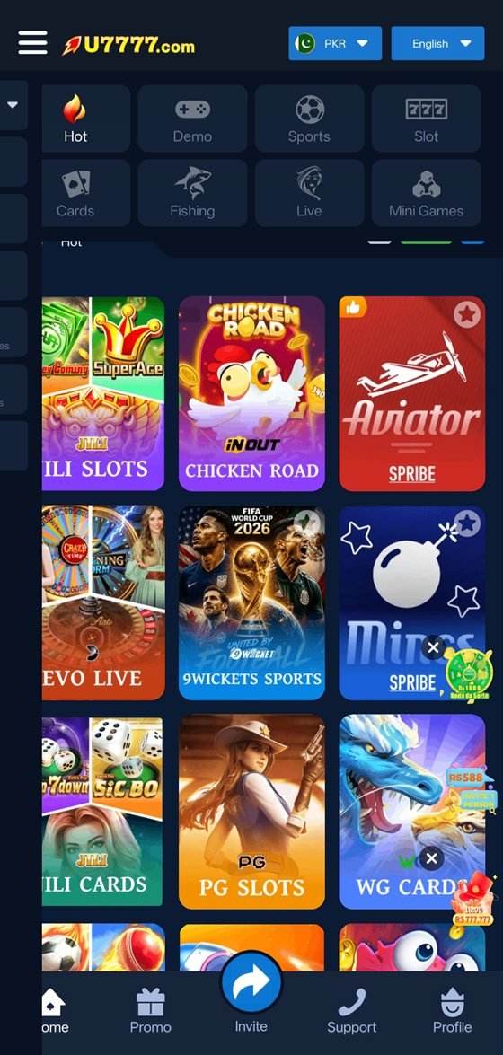 u7777 app home lobby showing slot game categories and featured titles