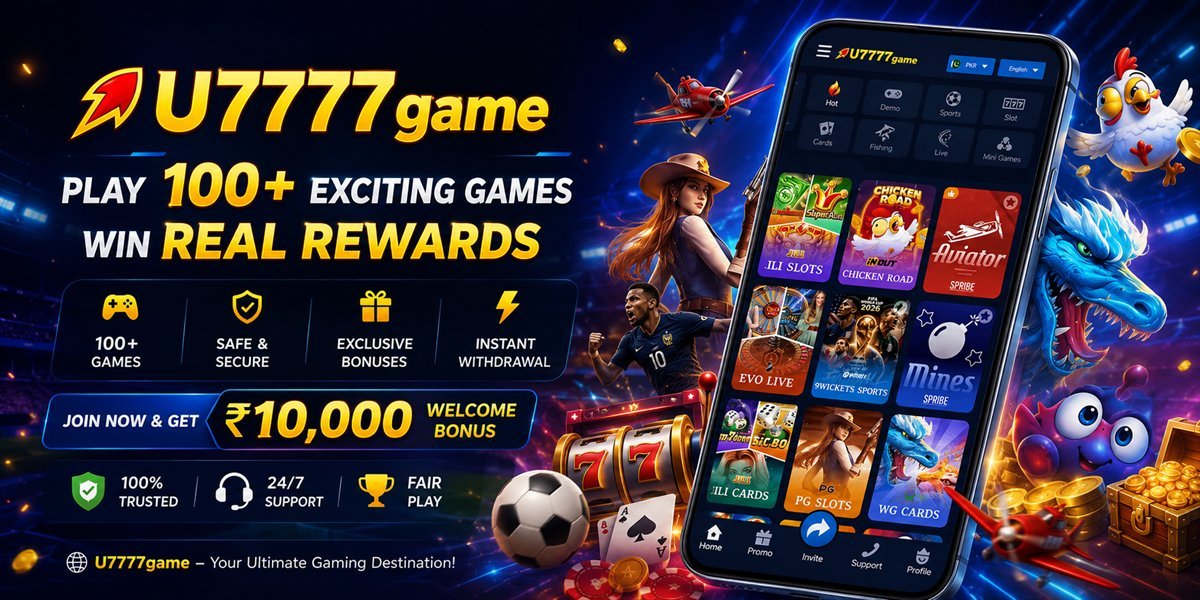 u7777 game banner — play 100+ exciting games, win real rewards, join now and get a ₹10,000 welcome bonus