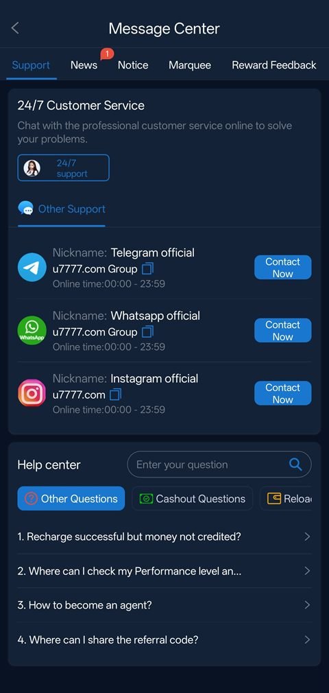 u7777 message centre with 24/7 customer service contacts