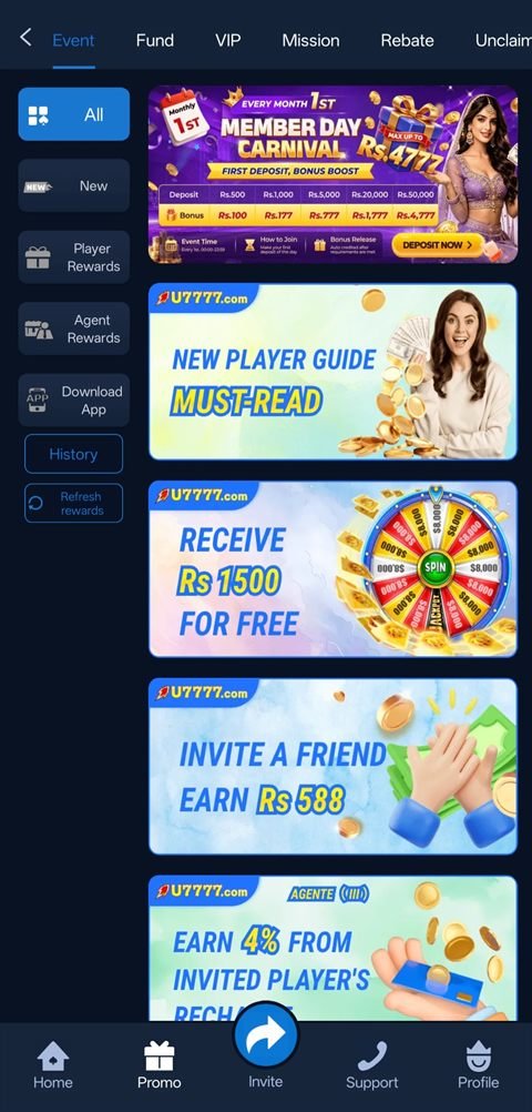 u7777 promotions page with member day carnival and new player rewards